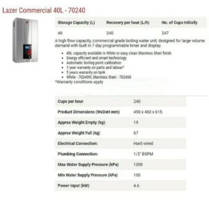 RHEEM LAZER COMMERCIAL 70240S STAINLESS STEEL 40 LITRE